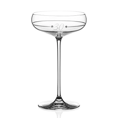 Image of DIAMANTE Swarovski 30th Birthday Ring Champagne Saucer Single Crystal Cocktail Coupe Glass with Hand Etched 30 and Crystals Gift Boxed, Burgundy, gold (1005.430.ELX.A)