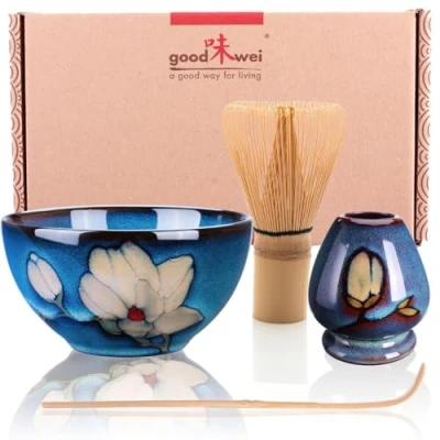 Image of Goodwei Premium Matcha Tea Set Ceremonial Bowl Chawan, Whisk and Holder + Gift Box (Magnolia, 80)