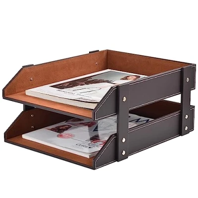 Image of XNONE Leather Desk Organizer,2 Tier Stackable Letter Tray Holder,Office Supplies Desktop Storage Box for Document,Stationery,Magazines,Newspapers,Letters and Other Home Office Paper Sundries,Coffee