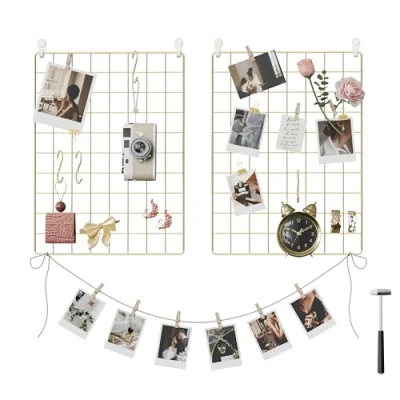 Image of SONGMICS Grid Photo Wall, 16.5 x 12.2 Inches, Set of 2, Wire Wall Panel, Display, DIY, Hanging Picture with S Hook, Clip, Hemp Cord, Golden ULPP01GD