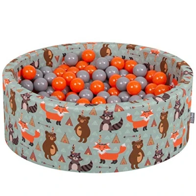 Image of KiddyMoon Soft Ball Pit Round 90X30cm/200 Balls ∅ 7Cm / 2.75In For Kids, Foam Pool Baby Playballs Children, Fox Green:Orange/Grey