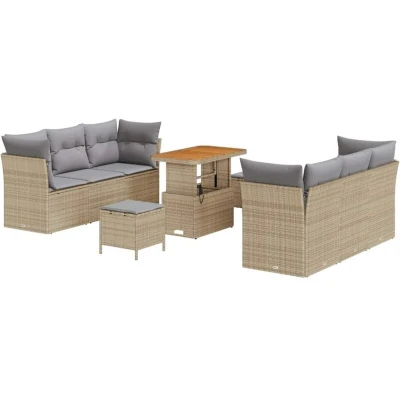 Image of vidaXL 9 Piece Garden Sofa Set with Cushions Beige Poly Rattan Acacia