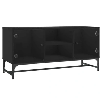 Image of vidaXL Black TV Cabinet with Glass Doors Engineered Wood Media Stand, Living Room Entertainment Console, 102x37x50 cm