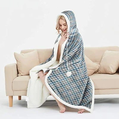 Image of EHC Check Design Super Soft Warm Sherpa Fleece Wearable Hooded Blanket Throw 130 x 180 cm, Grey &amp; Turquoise