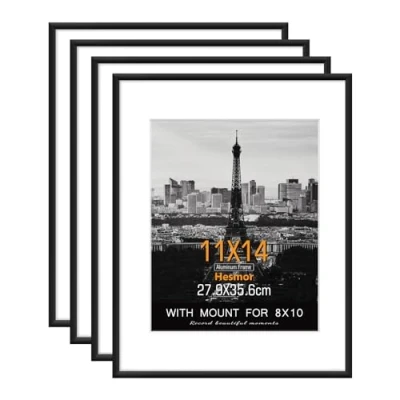 Image of Hesmor Picture Frames 11 x 14 inch Aluminum Acrylic Frame in Black, Set of 4 Photo for Table Top and Wall Mounting with Mount 8 10 Prints