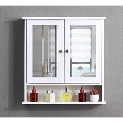 Image of AVC Designs White Bathroom Wall Cabinet with Mirrored Double Doors Storage Cupboard MDF &amp; Shelves