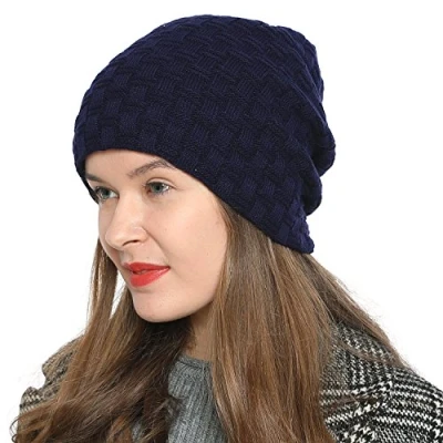 Image of DonDon Beanie hat Women Winter Long Slouch Knit Knitted with Fleece Lining Dark Blue