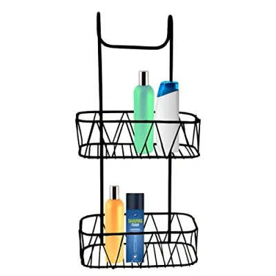 Image of HOMION Over Shower door Screen Caddy Hanging Bathroom Organiser Rack Storage Tidy (2 Tier Black)