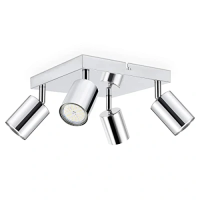 Image of Dehobo Ceiling Spotlight Indoor in Polished Chrome, Kitchen Lights GU10 Modern Spot with Square Plate, 4 Way Light for Lounge Bedroom Dining