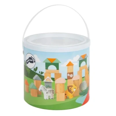Image of Small Foot 11699 Wooden Building Blocks Safari, set with animal motifs in storage box, for ages 12+ months