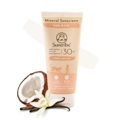 Image of Suntribe Natural Baby &amp; Kids Mineral Sunscreen SPF 30 100 ml, Organic, Perfume Free 100% Reef Safe, Non Nano Zinc Oxide, Water Resistant “Best 2022 (The Independent)
