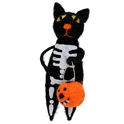 Image of Gisela Graham Wool Skeleton Cat with Pumpkin Decoration