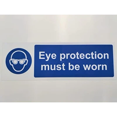 Image of Eye protection must be worn safety sign Self adhesive sticker 300mm x 100mm