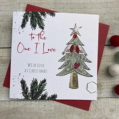 Image of TO THE ONE I LOVE GREEN TREE &amp; ROBINS CHRISTMAS CARD, HANDMADE BY WHITE COTTON CARDS (C22 70 XC22 70)