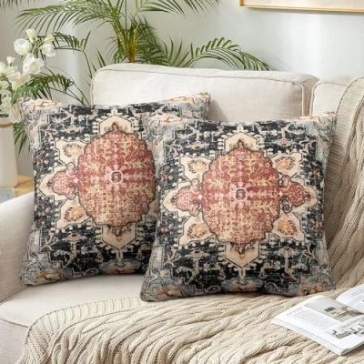 Image of Chicamy Set of 2 Bohemian Cushion Covers, 45 x cm, Double Sided Indian Boho Abstract Linen Orange Cover, Square Decorative Outdoor Covers for Sofa, Bedroom