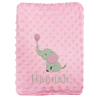 Image of JJLC Personalised Baby Bobble Blanket Embroidered Elephant &amp; Name Soft Fleece Wrap Boys Girls (Pink Bobble)