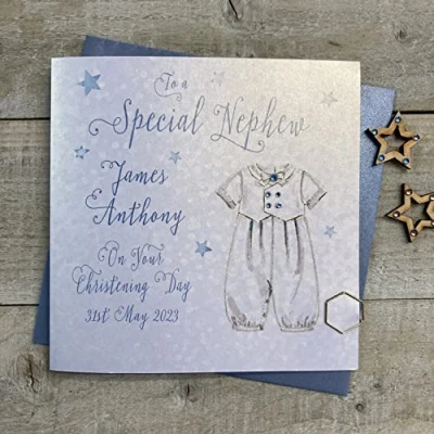 Image of WHITE COTTON CARDS PERSONALISED CHRISTENING BAPTISM CARD. NEPHEW. ANY RELATION. BOY BLUE SUIT DESIGN. Handmade (P22 100 NEP &amp; XP22 NEP)