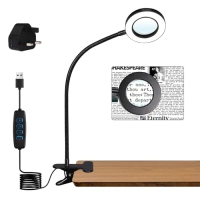 Image of Desk Clip on Lamp with 5X Magnifying Glass, 10 Dimmable Brightness, 3 Modes, 5V 2A Adapter, Ring Clamp Light for Reading, Craft, Painting, Close Work, Black