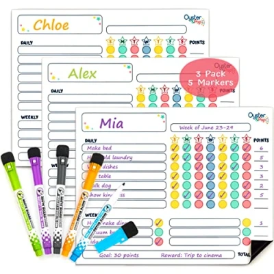 Image of Magnetic Chore Chart 3 Pcs for Multiple Kids &amp; Adults Fine Tip Markers Dry Erase Refrigerator Boards Reward Good Behaviour Responsibility Organise The Family