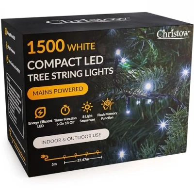 Image of CHRISTOW Christmas Tree Lights, Compact White LED Fairy String Lights with Timer, 8 Light Modes, Indoor &amp; Outdoor, Mains Operated, Green Cable (1500 / 34.47m Lit Length for 8ft Xmas Tree)