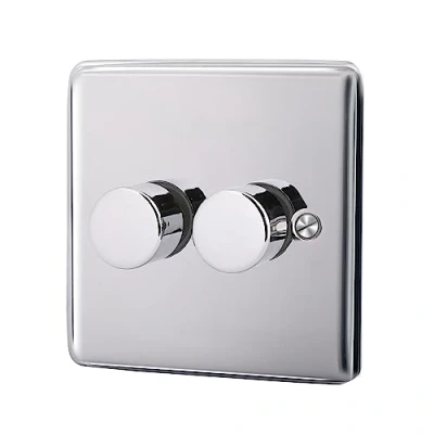 Image of ASAB 2 Gang Way Push Dimmer 400W PGM 33681 Brushed Steel Two Dimming Control Style On Off Button Suitable for LED Lamps Tungsten Durable and Sleek Design Easy to Install
