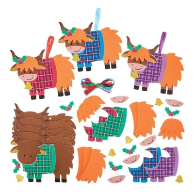 Image of Baker Ross FN321 Christmas Highland Cow Decoration Kits Pack of 8, Arts and Crafts for Kids, Decorations