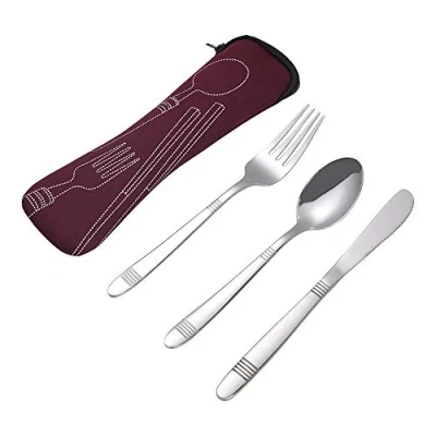 Image of Callyne 3 Piece Stainless Steel Travel Camping Cutlery, Red Case, F