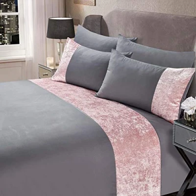 Image of Sienna Crushed Velvet Panel Band Duvet Cover with Pillow Case Bedding Set Silver Grey Blush, Double
