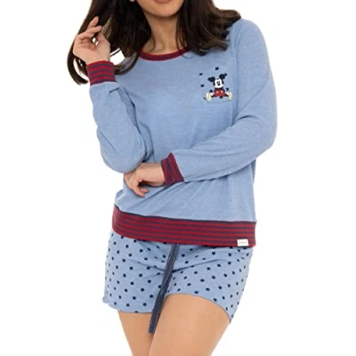 Image of Wingwalker Womens Disney Mickey Mouse Pyjamas Ladies Waffle Short PJs Blue Size Large