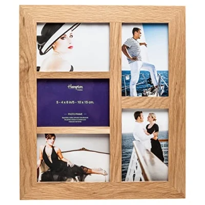 Image of Hampton Frames NEW ENGLAND 5 Aperture 4x6 (10x15cm) Natural Oak Multi Picture Photo Frame Acrylic (Non Glass) Front NEWOAK5APLX