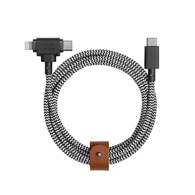 Image of Native Union Belt Cable Duo 5ft Ultra Strong Braided Universal Charging Made with Recycled Materials 2 in 1 Multi Device MFi Certified Connectors for Lightning &amp; Type C devices (Zebra)