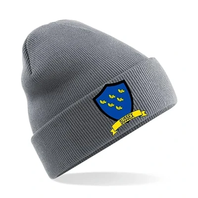 Image of Sussex County Mens Embroidered Beanie Hat, Bob Hat Cricket Sport Your Embroidery (Grey)