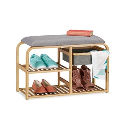 Image of Relaxdays Shoe Bench with Seat, Upholstered, Hallway &amp; Wardrobe, Narrow, Bamboo Footstool, HWD: 45x69x30 cm, Grey/Nature