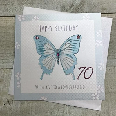 Image of Friend 70th Birthday Card,Turquoise Butterfly Handfinished by White Cotton Cards (G8 70)