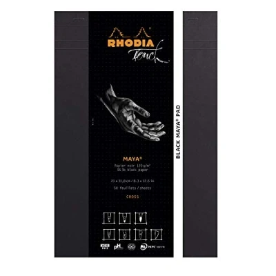 Image of RHODIA TOUCH 116113C Block Black Maya Pad A4+ New Ruler Cross 50 Sheets Clairefontaine Paper 120 g/m for Calligraphy and Precise Drawing with Pencil, Liner, Pen