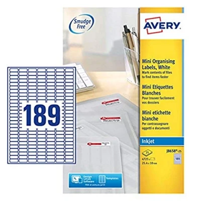 Image of Avery J8658 25 Printable, Customisable Mini Filing Labels, 189 Labels Per A4 Sheet, White