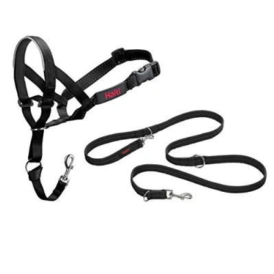 Image of HALTI Headcollar Size 4, Black &amp; Training Leash Large, Combination Pack Stop Your Dog Pulling on the Leash. Adjustable, Lightweight with Padded Nose Band. Suitable for Large Dogs
