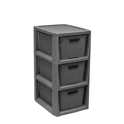 Image of BranQ Home essential 100% recycled polypropylene plastic, ecological, shelf in rattan design, 29.5 x 24 48.7 cm, 3 baskets, eco anthracite