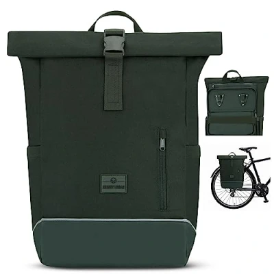 Image of Johnny Urban Bike Pannier Bag for Bicycles Green Robin Medium 2 in 1 Cycling Roll Top Backpack &amp; Rear Rack Cycle Rucksack Water Repellent