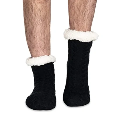 Image of Polar Mens Slipper Socks Soft Fleece Lined With Sole Grips Gift Packaging Snuggly Present For Him Insulated Warm Fluffy Sherpa Lining Thick Thermal House Black UK8/9