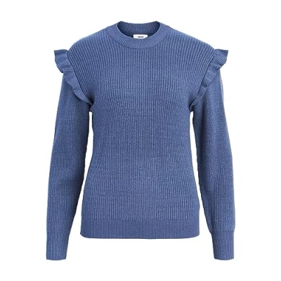 Image of Object Women&#039;s Objmalena L/S Ruffle Pullover Noos Sweater, Bijou Blue/Detail: Melange, M