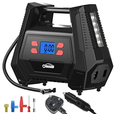 Image of Oasser tyre inflator Air Compressor with 12V AC/240V DC car Pump 150 PSI 5 Nozzle Adaptors, LED Light Fits for Cars Motorcycles Bicycles