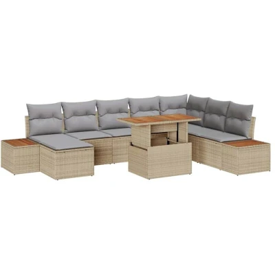 Image of vidaXL 9 Piece Garden Dining Set with Cushions Beige Poly Rattan Acacia