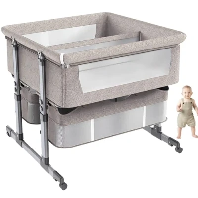 Image of RIKCAT Twins Bassinet Bedside Sleeper Foldable Crib For Comfortable Sleeping Detachable Cloth Cover Baby Bed,6 Height Adjustable Anti Emesis Table A