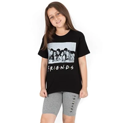 Image of FRIENDS Pyjamas For Girls Kids Portrait Black T Shirt With Charcoal Logo Cycle Shorts TV Show Loungewear Merchandise 9 10 Years