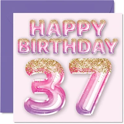 Image of 37th Birthday Card for Women Pink &amp; Purple Glitter Balloons Happy Cards 37 Year Old Woman Friend Sister Mum Auntie, 145mm x Thirty Seven Seventh Bday Greeting Gift