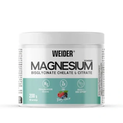 Image of Weider Magnesium Powder (200g) Berry Flavour, 250mg /Serving Bisglycinate and Citrate in with Zinc, Muscle Bone Support, Helps Reduce Fatigue, No Added Sugar, Vegan