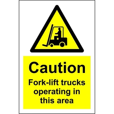 Image of Warning Caution fork lift trucks operating in this area safety sign 1.2mm rigid plastic 400mm x 300mm