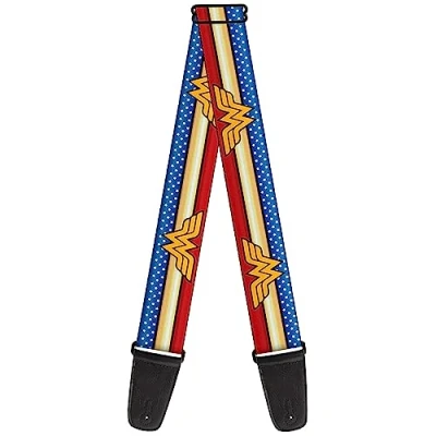 Image of Buckle Down DC Comics Guitar Strap, Wonder Woman Logo Stripe Stars Red Gold Blue White, 2 Inches Wide, Multicolor, 2&quot; Wide 29 54&quot; Length