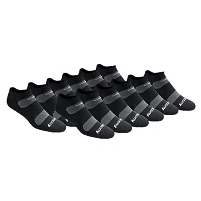 Image of Saucony Men&#039;s Multi Pack Mesh Ventilating Comfort Fit Performance No Show Socks, Black Basic (12 Pairs), Large (Pack of 12)